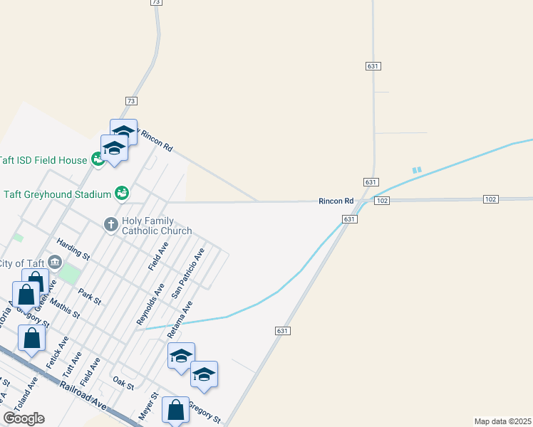 map of restaurants, bars, coffee shops, grocery stores, and more near 801 Rincon Road in Taft