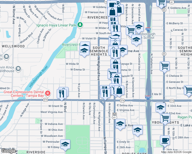 map of restaurants, bars, coffee shops, grocery stores, and more near 305 West Chelsea Street in Tampa