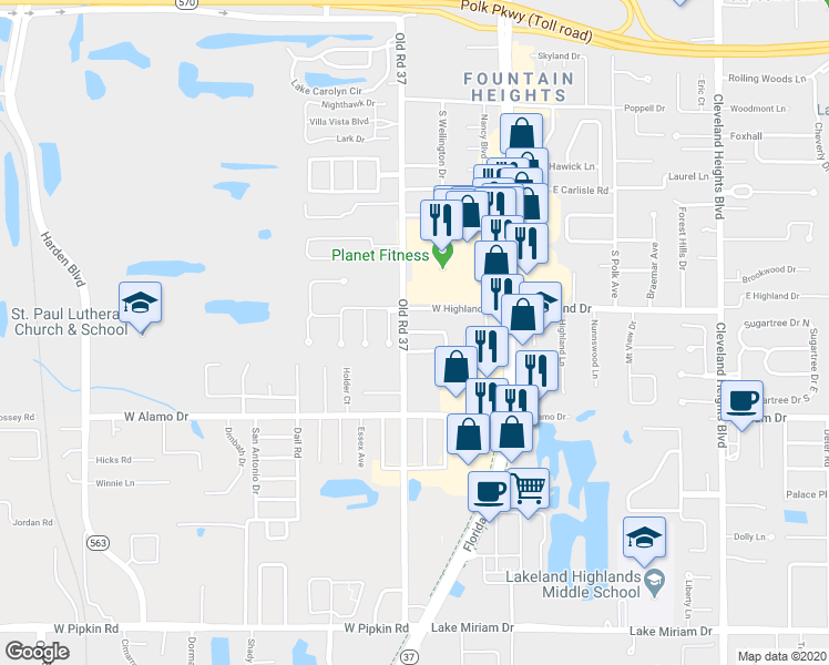 map of restaurants, bars, coffee shops, grocery stores, and more near 326 Faye Circle North in Lakeland