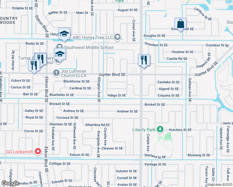 map of restaurants, bars, coffee shops, grocery stores, and more near 745 Indigo Street Southeast in Palm Bay