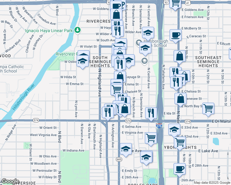 map of restaurants, bars, coffee shops, grocery stores, and more near 4404 North Florida Avenue in Tampa