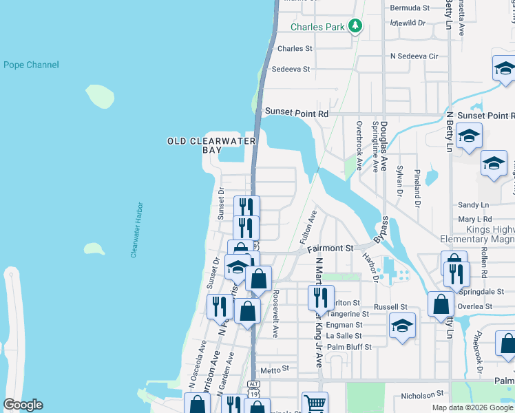 map of restaurants, bars, coffee shops, grocery stores, and more near 1011 Iroquois Street in Clearwater