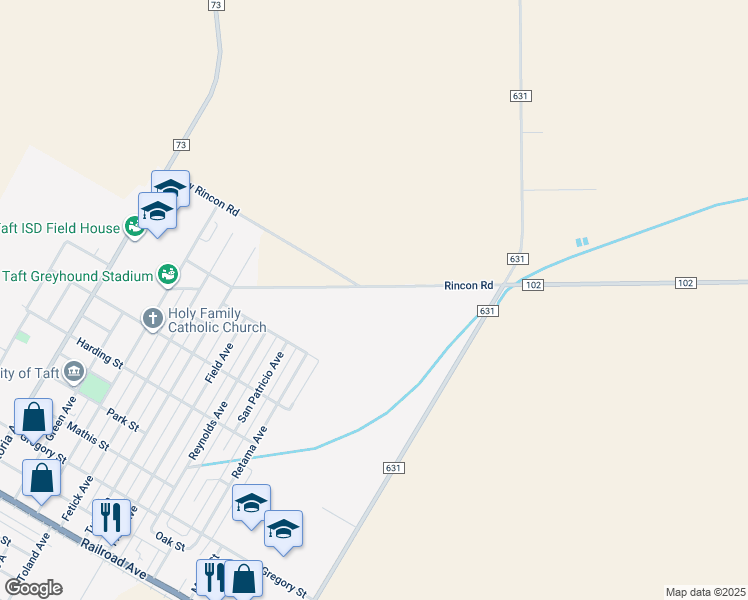 map of restaurants, bars, coffee shops, grocery stores, and more near 801 Rincon Road in Taft