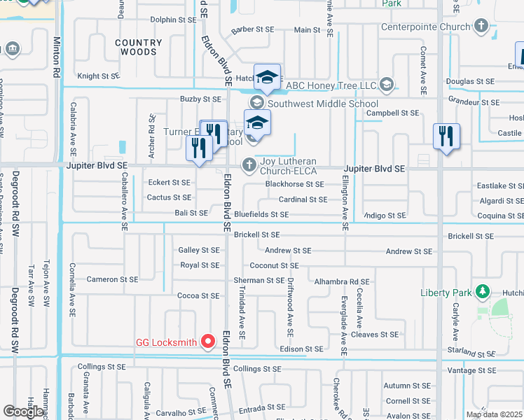 map of restaurants, bars, coffee shops, grocery stores, and more near 599 Howe Street Southeast in Palm Bay