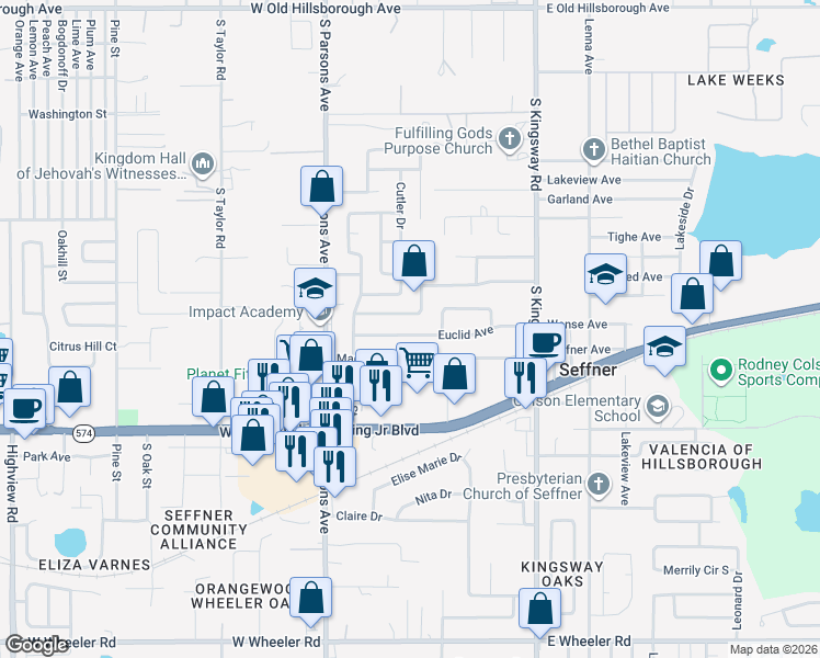 map of restaurants, bars, coffee shops, grocery stores, and more near 413 Euclid Avenue in Seffner
