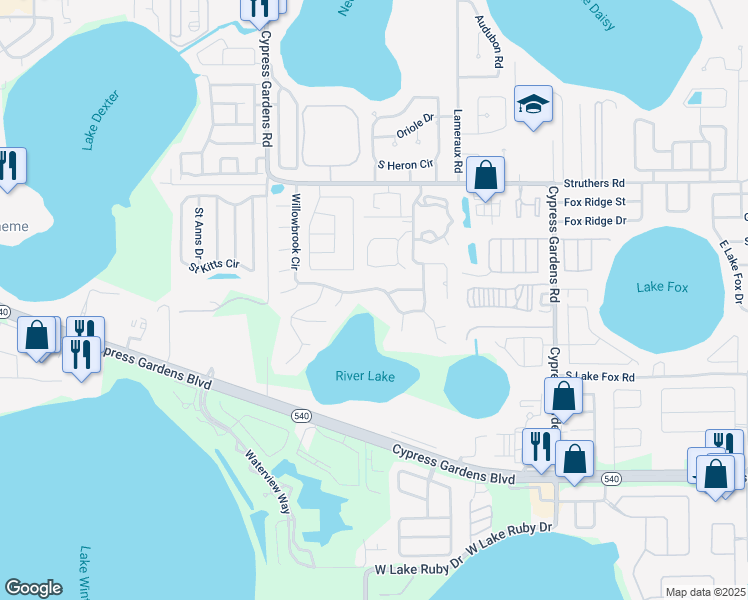 map of restaurants, bars, coffee shops, grocery stores, and more near 4906 Willowbrook Circle in Winter Haven