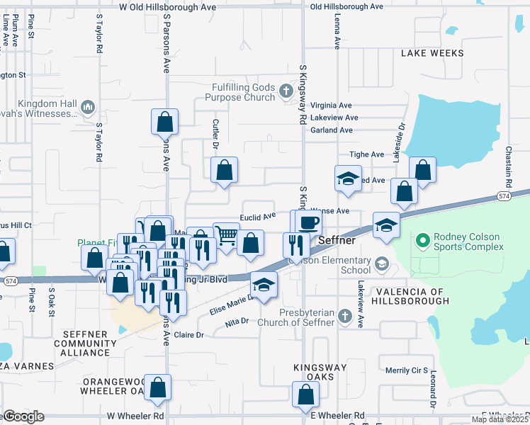 map of restaurants, bars, coffee shops, grocery stores, and more near 106 Euclid Loop in Seffner