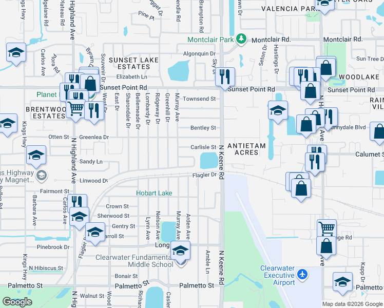 map of restaurants, bars, coffee shops, grocery stores, and more near 1729 Carlisle Street in Clearwater