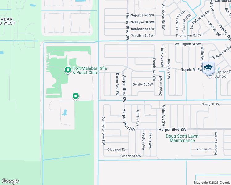 map of restaurants, bars, coffee shops, grocery stores, and more near 570 Darien Avenue Southwest in Palm Bay