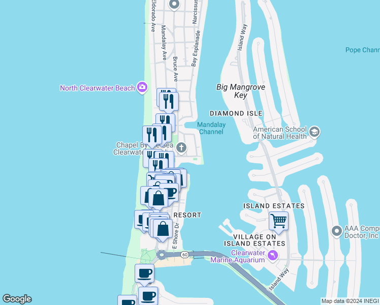map of restaurants, bars, coffee shops, grocery stores, and more near 64 Bay Esplanade in Clearwater