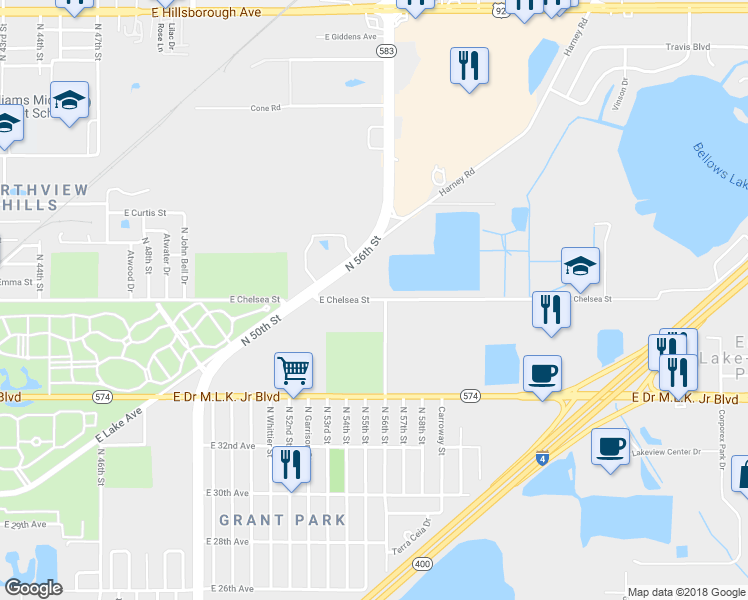 map of restaurants, bars, coffee shops, grocery stores, and more near 5622 East Chelsea Street in Tampa