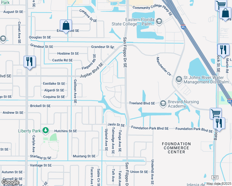 map of restaurants, bars, coffee shops, grocery stores, and more near 1280 Treeland Boulevard Southeast in Palm Bay