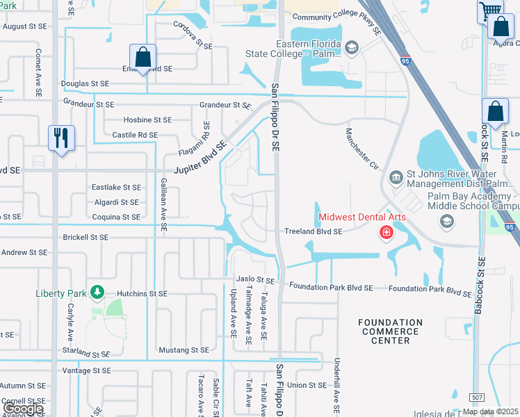 map of restaurants, bars, coffee shops, grocery stores, and more near 101 Hadley Circle Southeast in Palm Bay