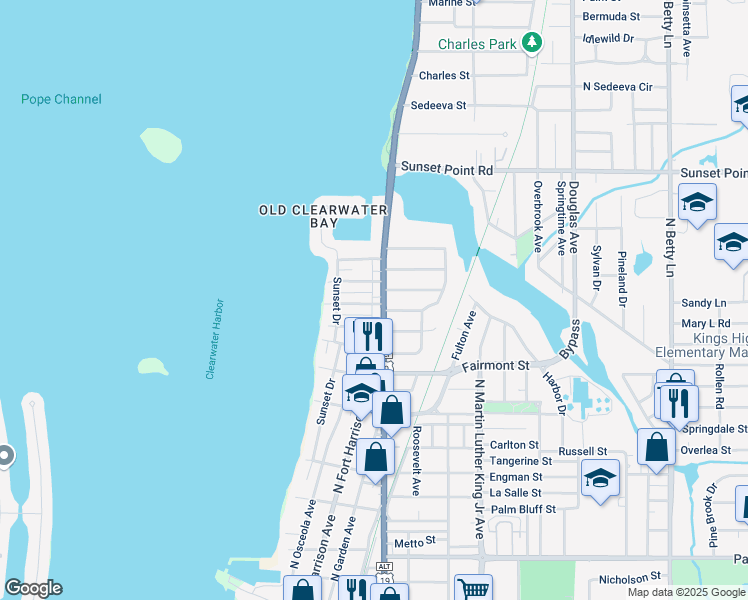 map of restaurants, bars, coffee shops, grocery stores, and more near 401 Lebeau Street in Clearwater
