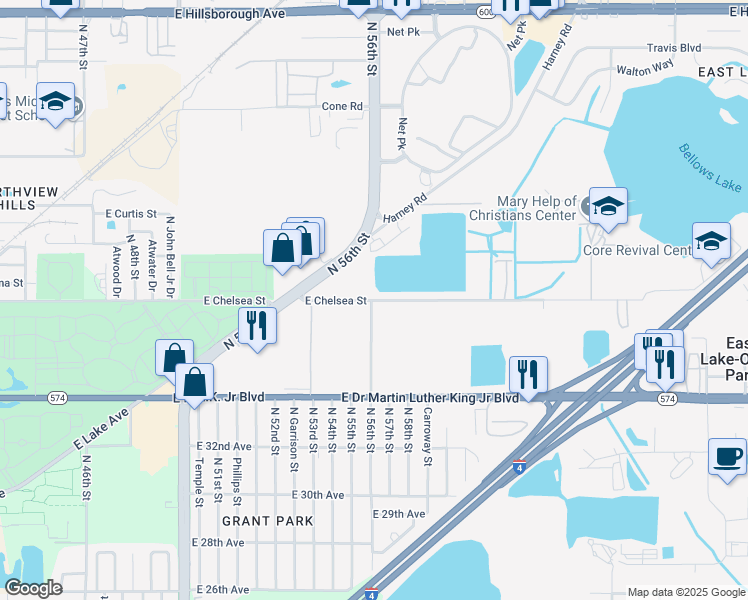 map of restaurants, bars, coffee shops, grocery stores, and more near 5604 East Chelsea Street in Tampa