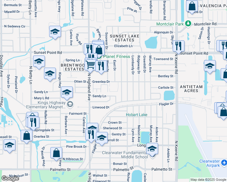 map of restaurants, bars, coffee shops, grocery stores, and more near 1585 Greenlea Drive in Clearwater