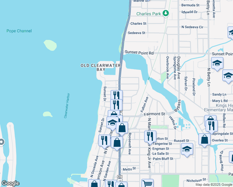 map of restaurants, bars, coffee shops, grocery stores, and more near 401 Lebeau Street in Clearwater