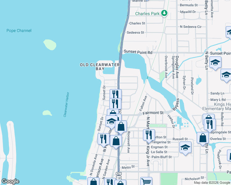 map of restaurants, bars, coffee shops, grocery stores, and more near 416 Princess Street in Clearwater