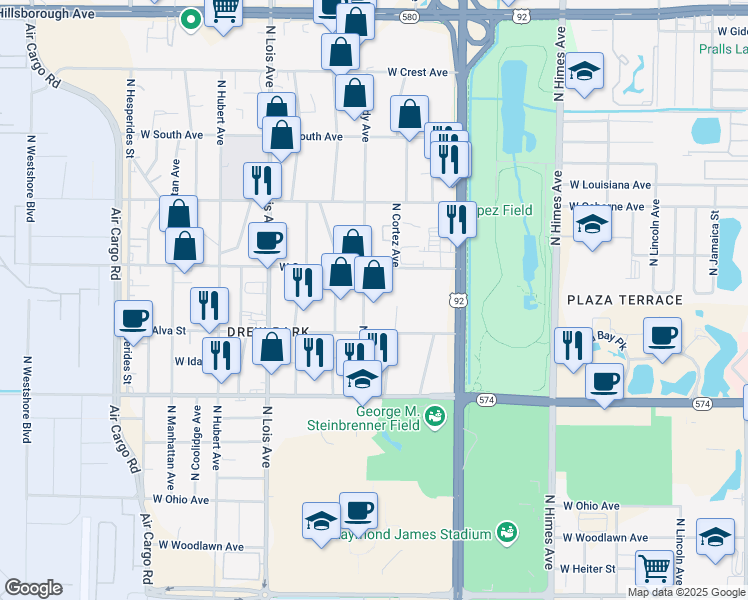 map of restaurants, bars, coffee shops, grocery stores, and more near 4613 North Grady Avenue in Tampa