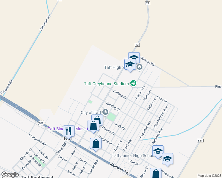 map of restaurants, bars, coffee shops, grocery stores, and more near 400 College Street in Taft