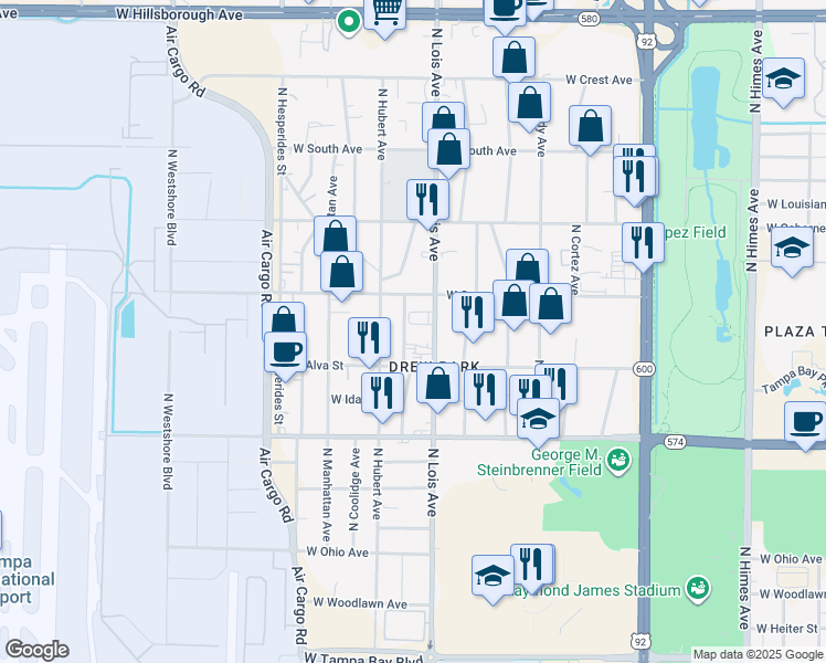 map of restaurants, bars, coffee shops, grocery stores, and more near 4620 North Thatcher Avenue in Tampa