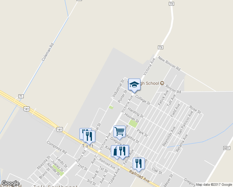 map of restaurants, bars, coffee shops, grocery stores, and more near 622 Industrial Street in Taft