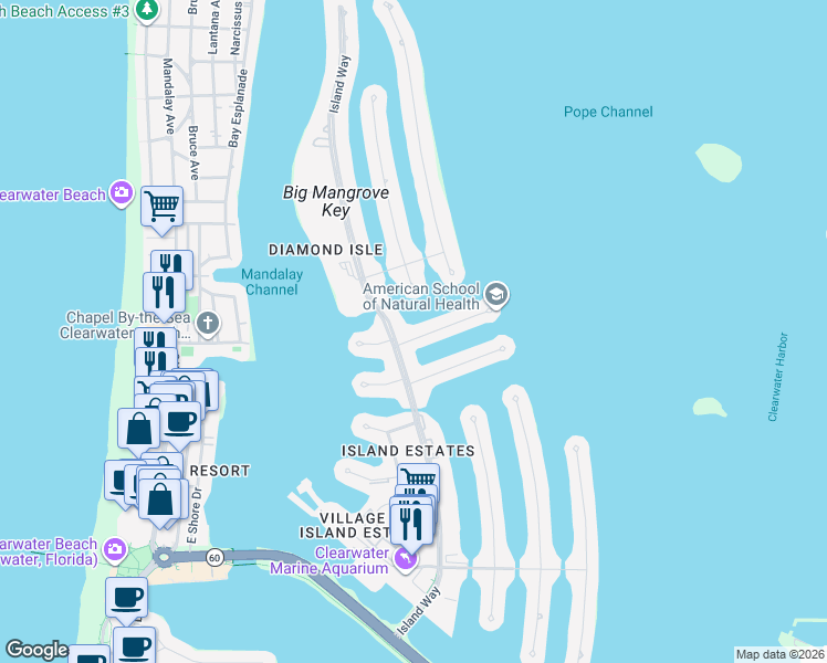 map of restaurants, bars, coffee shops, grocery stores, and more near 320 Palm Island Northeast in Clearwater