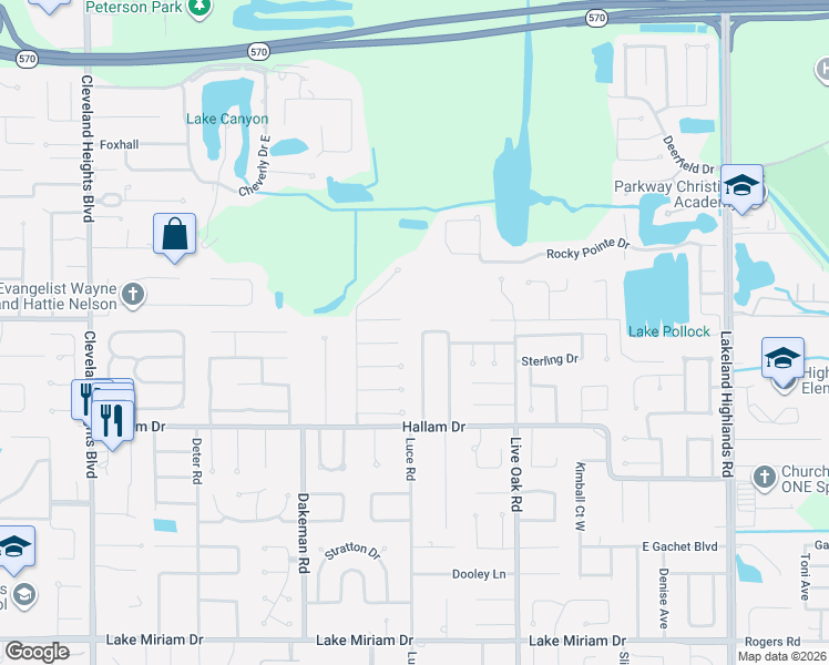 map of restaurants, bars, coffee shops, grocery stores, and more near 4311 Orangewood Loop West in Lakeland