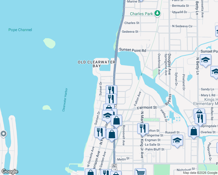 map of restaurants, bars, coffee shops, grocery stores, and more near 401 Lebeau Street in Clearwater