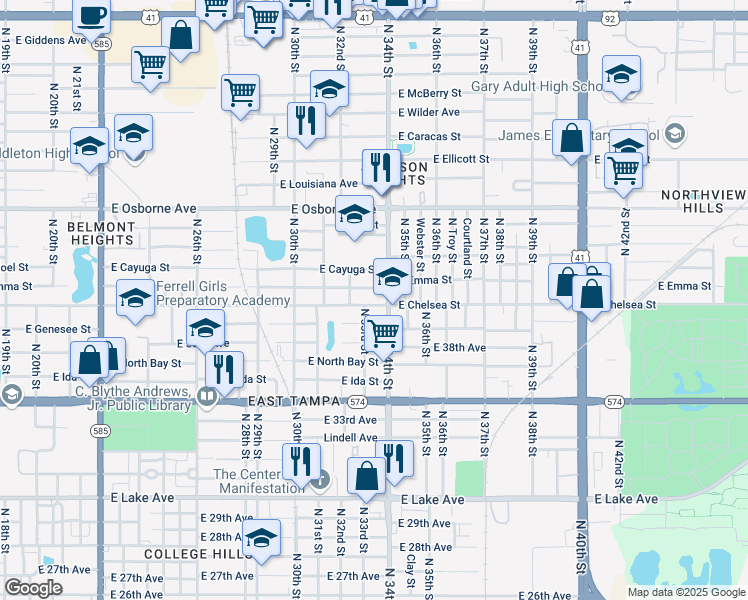 map of restaurants, bars, coffee shops, grocery stores, and more near 3306 East Chelsea Street in Tampa