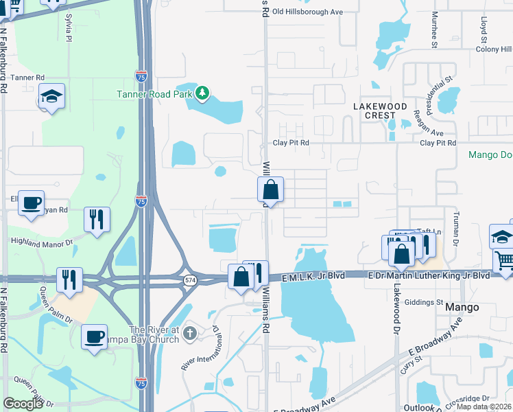 map of restaurants, bars, coffee shops, grocery stores, and more near 4320 Williams Road in Tampa