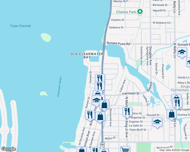 map of restaurants, bars, coffee shops, grocery stores, and more near 401 Lebeau Street in Clearwater