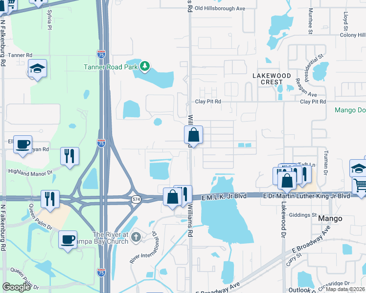 map of restaurants, bars, coffee shops, grocery stores, and more near 4320 Williams Road in Tampa