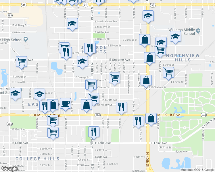 map of restaurants, bars, coffee shops, grocery stores, and more near 4406 North 36th Street in Tampa