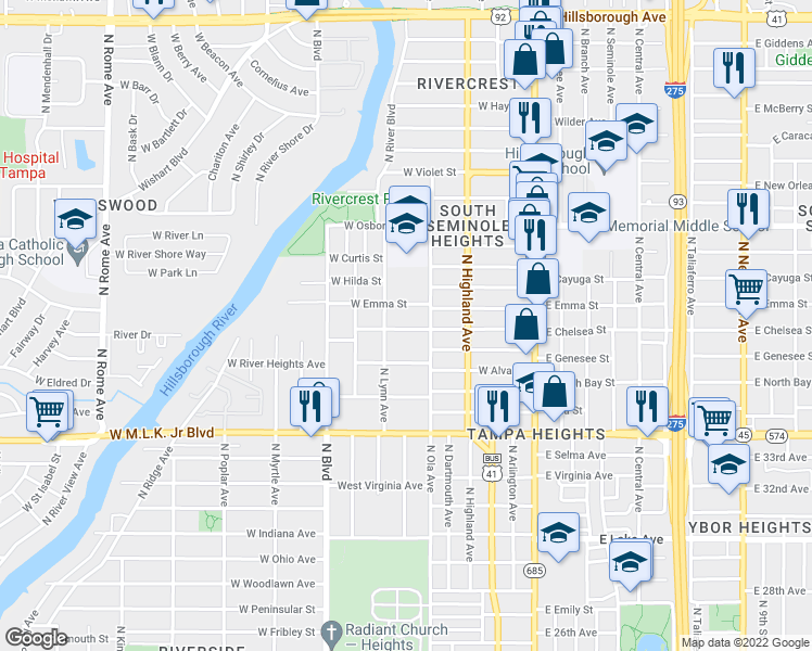 map of restaurants, bars, coffee shops, grocery stores, and more near 4404 North Ola Avenue in Tampa
