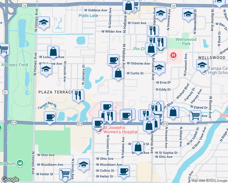 map of restaurants, bars, coffee shops, grocery stores, and more near in Tampa