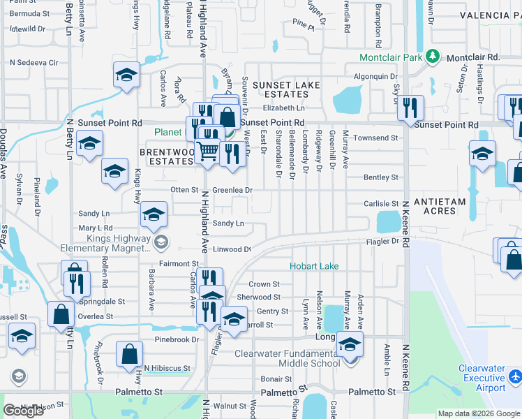 map of restaurants, bars, coffee shops, grocery stores, and more near 1585 Greenlea Drive in Clearwater