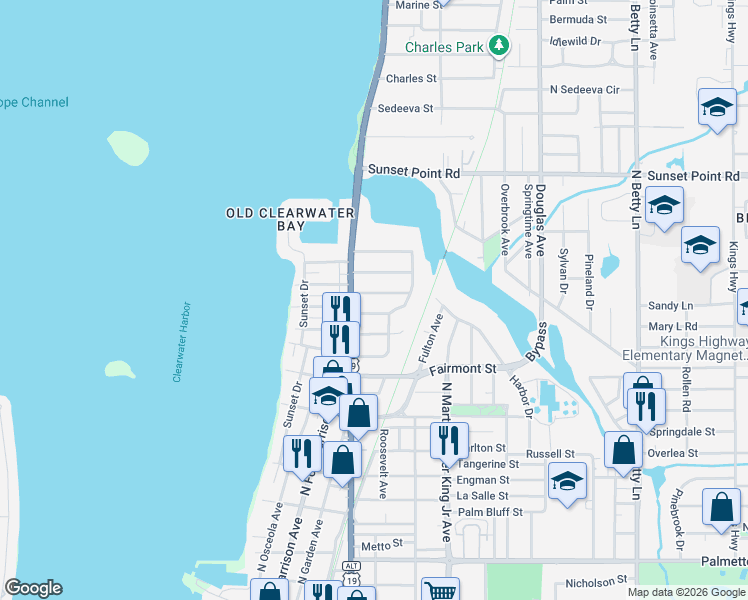 map of restaurants, bars, coffee shops, grocery stores, and more near 1011 Iroquois Street in Clearwater