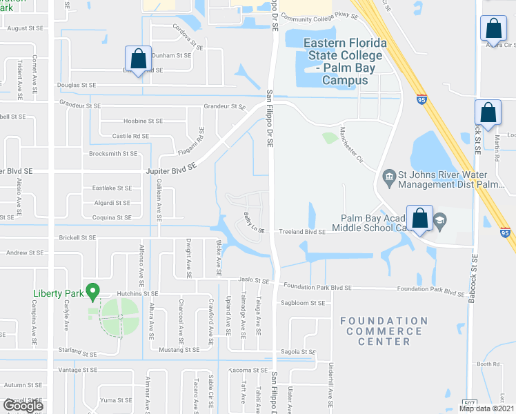 map of restaurants, bars, coffee shops, grocery stores, and more near Hadley Circle Southeast in Palm Bay