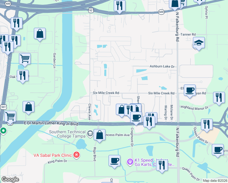 map of restaurants, bars, coffee shops, grocery stores, and more near 9420 Six Mile Creek Road in Tampa