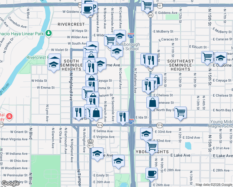map of restaurants, bars, coffee shops, grocery stores, and more near 404 East Chelsea Street in Tampa