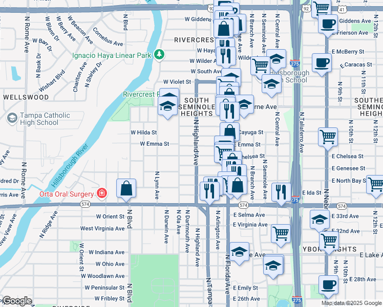 map of restaurants, bars, coffee shops, grocery stores, and more near 305 West Chelsea Street in Tampa