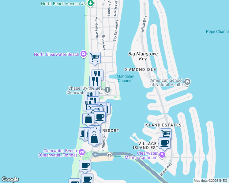 map of restaurants, bars, coffee shops, grocery stores, and more near 64 Bay Esplanade in Clearwater