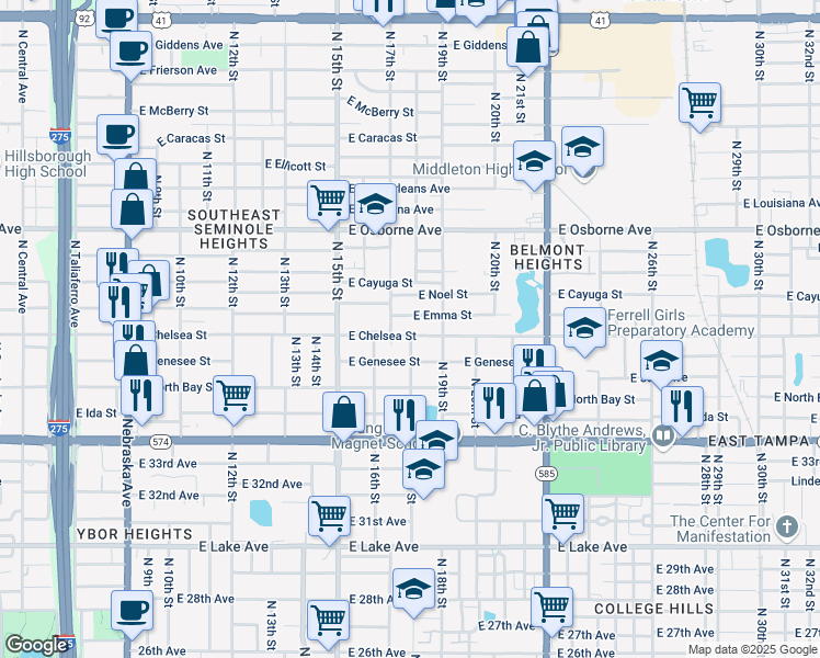 map of restaurants, bars, coffee shops, grocery stores, and more near 1709 East Emma Street in Tampa