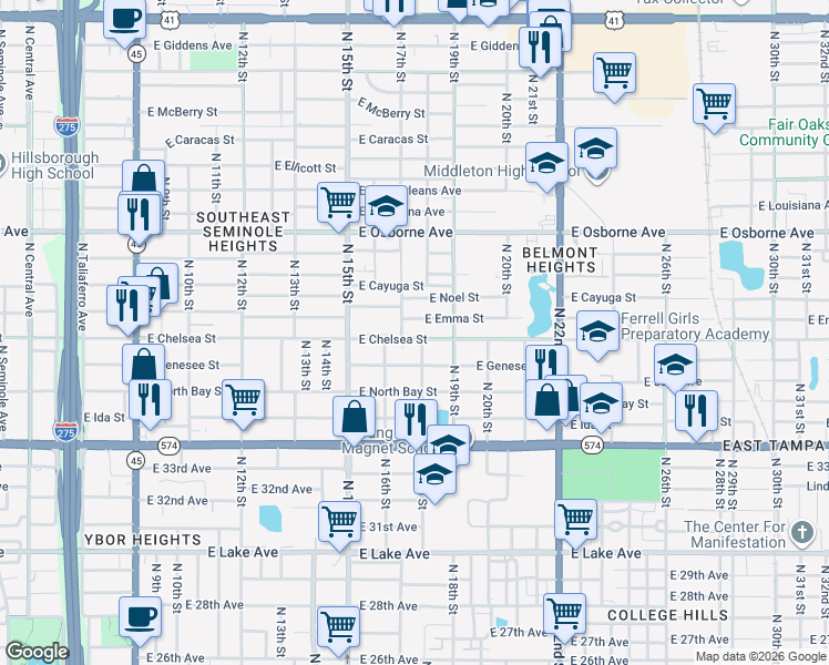 map of restaurants, bars, coffee shops, grocery stores, and more near 1706 East Chelsea Street in Tampa