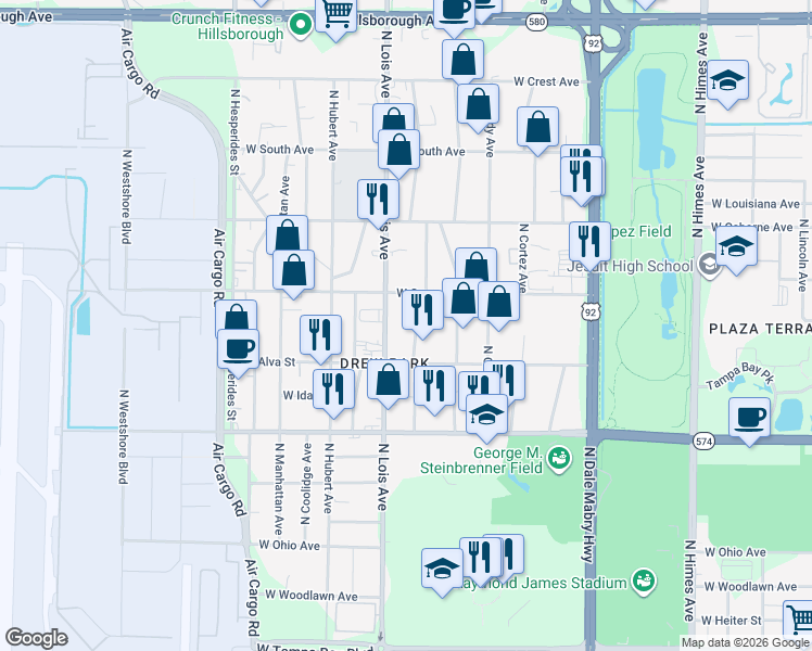 map of restaurants, bars, coffee shops, grocery stores, and more near 4617 North Clark Avenue in Tampa