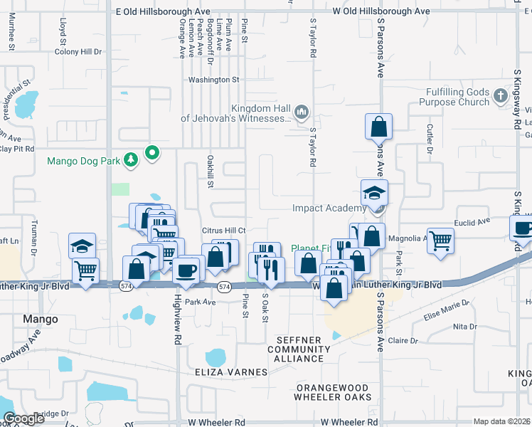 map of restaurants, bars, coffee shops, grocery stores, and more near 1107 Melrose Street in Seffner