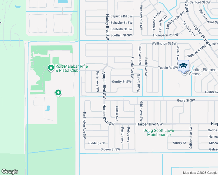 map of restaurants, bars, coffee shops, grocery stores, and more near 1457 Harper Boulevard Southwest in Palm Bay