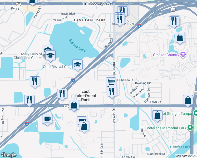 map of restaurants, bars, coffee shops, grocery stores, and more near 4401 North 72nd Street in Tampa