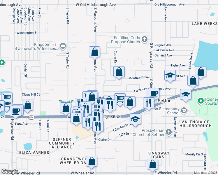 map of restaurants, bars, coffee shops, grocery stores, and more near 1218 Sagamore Drive in Seffner